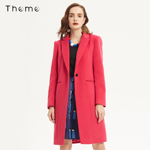 Theme专柜同款时尚百搭毛呢大衣女直筒西装型韩版中长款毛呢外套