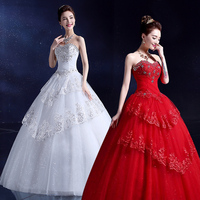 红色婚纱礼服新款婚纱绑带韩式修身显瘦齐地新娘抹胸婚纱复古lyg
