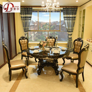 蒂舍尔欧式餐桌椅组合实木圆桌黑檀色大理石橡木餐厅饭桌