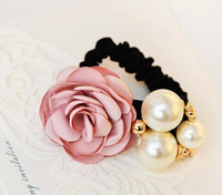 韩国进口 真丝质感层次玫瑰花朵珍珠发圈橡皮筋发绳 头花发饰品