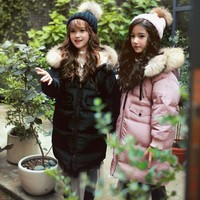 韩国版女童2017冬儿童超大貉子毛领长款连帽羽绒服保暖白鸭绒外套