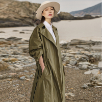 2017春秋女装韩国超长款军绿色收腰系带宽松大码廓形风衣薄外套潮