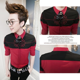 2015夏季男装衬衫 韩版修身演出服个性红色五分袖半袖夜店衬衣男