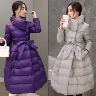 2015新款女装冬装韩版高档品质优雅气质翻领长款腰带修身棉衣棉服