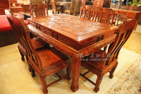 红木家具红木餐桌实木麒麟雕花长方形餐桌椅组合100%刺猬紫檀木