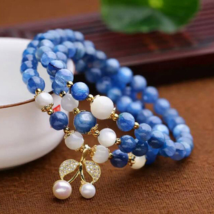 正品天然蓝晶石6.5毫米砗磲微镶珍珠手链女三圈多层多圈韩版时尚