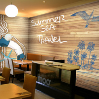 个性夏日复古木纹大型壁画休闲咖啡馆餐厅奶茶店墙纸主题宾馆壁纸