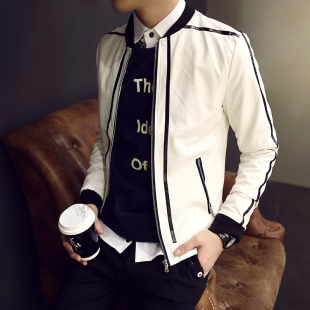 2015秋季新款男韩版修身短款立领黑白撞色潮男士皮夹克外套