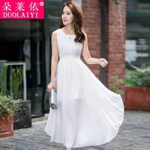 朵莱依2015夏装新款韩版热卖无袖镶钻雪纺连衣裙波西米亚显瘦长裙