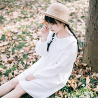 小雨良品日系森女系白色衬衫裙长袖大码宽松娃娃领棉麻连衣裙秋季
