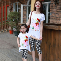 母女夏季亲子妈妈装儿女童纯棉休闲卡通中长款韩版格子潮裙子套装