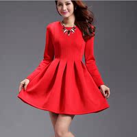 明星同款 秋冬新款长袖超显瘦红色优雅名媛气质修身连衣裙新娘裙