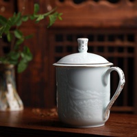 影青青白瓷手工暗刻山水品茗杯陶瓷办公杯景德镇手工陶瓷茶杯茶具