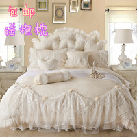 韩奢华床品 全棉贡缎提花优雅米白色欧式床罩 粉紫蕾丝花边四件套