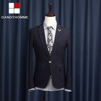 Dandyhomme潮男休闲竖条纹小西装男英伦韩版修身型绅士外套有套装