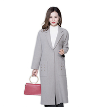2016秋冬韩版女装修身纯色长袖开衫羊毛呢外套长款呢大衣