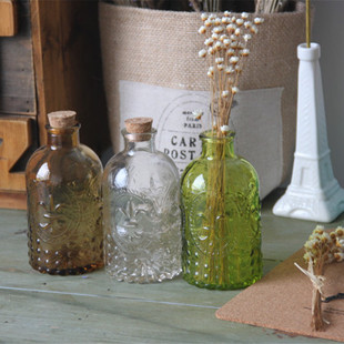 复古玻璃浮雕小花瓶 木塞密封瓶 插花水培容器许愿瓶 漂流瓶花器