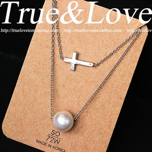 韩国饰品 925纯银 纤细百搭 十字架珍珠双层 项链锁骨链 多种戴法