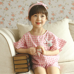 韩国童装 女童喇叭袖小短裤家居格子套装 蝴蝶结流苏挂饰两件套