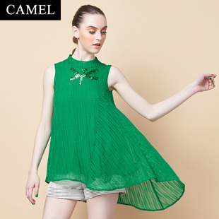 Camel/骆驼2015夏新款绿色不规则女装亮片蜻蜓显瘦无袖上衣女T恤
