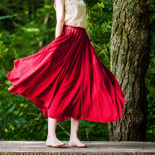 明星同款红色不规则长裙学院风纯棉高腰大摆百褶半身裙