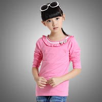 童装女童春装2016新款 韩版中大童长袖T恤 纯棉花边儿童打底衫衣