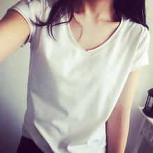 夏季新款韩版BF风简约紧身短袖T恤女上衣百搭纯色V领大码学生体恤