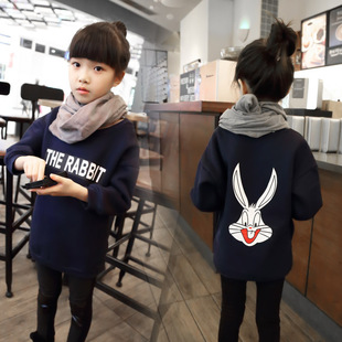 童装2015冬装韩版新款女童宝宝个性兔子图案长款加绒宽松卫衣