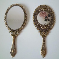 韩国进口随身化妆镜子创意时尚复古便携镜子把手梳妆镜子正品包邮