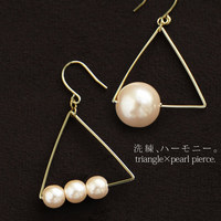 日本世话潮流三角珍珠女气质不对称错落耳环耳钉耳坠