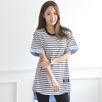 韩国代购 大码女装 2016夏装新款 创意条纹拼接加大宽松短袖长T恤