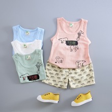 2016夏季动物图案短袖T恤两件套小童男孩套装纯棉韩版新款1-3周岁