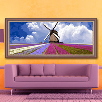 正品自油自画diy数字油画 客厅卧室大幅风景手绘画 风车与薰衣草
