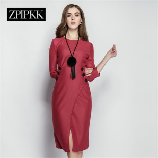 ZPLPKK定制 春秋新款七分袖圆领气质纯色女裙中腰显瘦时尚连衣裙