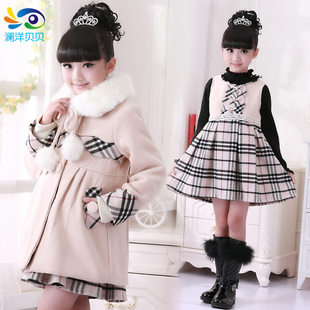 女童冬季装2015新款韩版儿童时尚羊毛呢子大衣连衣裙休闲两件套装