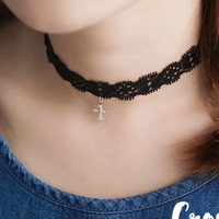 韩国进口饰品 正品复古蕾丝十字架项链 气质锁骨链颈链女