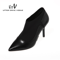欧美时尚流行女鞋UDV2014新款套脚尖头细跟高跟OL弹力布单鞋女