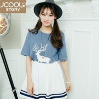 jcoolstory韩国2015夏装新款韩版女装卡通鹿纯棉宽松中袖t恤女潮