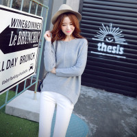 莫可2015秋装新款韩版女装横条纹色圆领套头针织衫上衣毛衣外套女