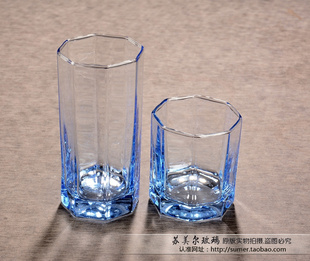 欧式蓝色玻璃杯透明水杯创意八角杯茶杯酒店ktv啤酒杯饮料杯