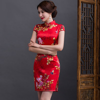 新款女高档桑蚕丝真丝红旗袍连衣裙时尚改良中国风复古婚礼礼服