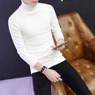 秋冬季白色高领毛衣男韩版修身套头针织衫青年加厚潮流羊毛打底衫