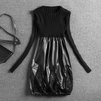 2016欧洲站春秋新品女装针织PU假两件套长袖黑时尚连衣裙女打底衫