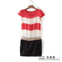 2015夏款三采品牌折扣女装红色条纹拼色雪纺简约短袖连衣裙 7507