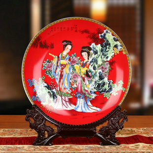 景德镇陶瓷器 珐琅彩中国红仙女图坐盘子 花盘 挂盘 中式家居摆件