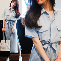 新款韩版浅蓝色短袖衬衫连衣裙系带抽绳女神版POLO领长裙潮学院风