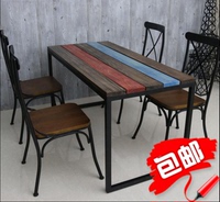 奶茶咖啡店桌椅组合铁艺创意彩色餐桌实木复古美式西餐厅交叉背椅