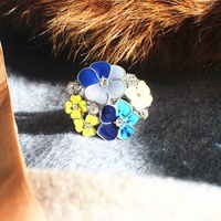 柔软猫 饰品出口欧美浪漫珐琅釉水晶蓝黄花朵夸张平面花朵戒指