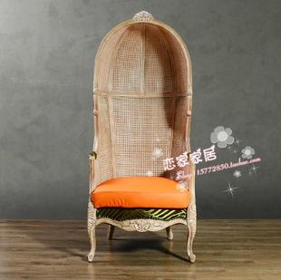 欧式美式实木仿古做旧太空椅新古典雕花休闲单人沙发椅藤椅鹅蛋椅
