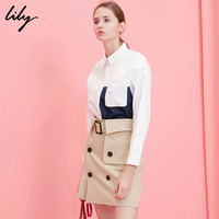 丽丽Lily2017春季直筒长袖女装POLO领单排多扣衬衫117110C4203